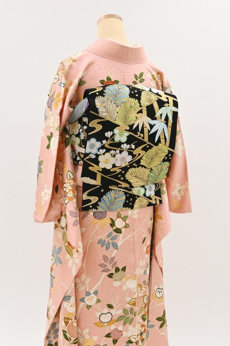 銀座【L-8757】西陣 都製 袋帯 黒色 松竹梅の図（証紙付） - 銀座