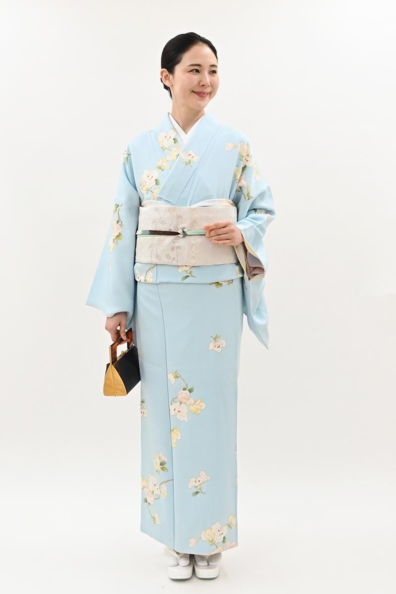 銀座【D-4018】小紋 明るい水色 花の図 :身丈161.5/裄70/細め - 銀座