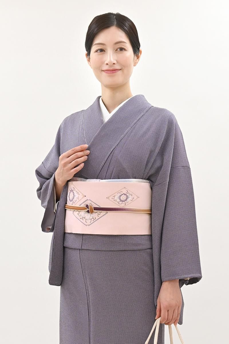 銀座【H-0978】塩瀬地 染名古屋帯 乙女色 菱に菊唐草や桐唐草文 - 銀座