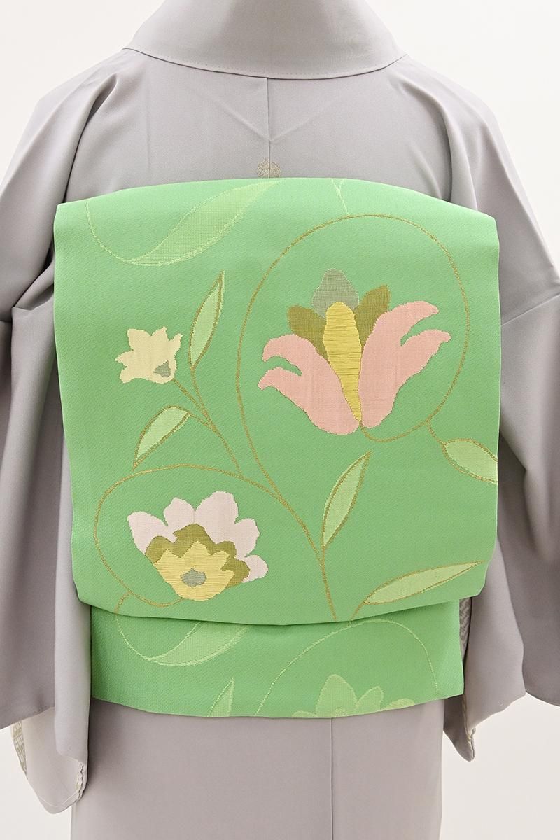 銀座【H-1026】洛風林製 織名古屋帯 鮮緑色 唐花文（落款入） - 銀座