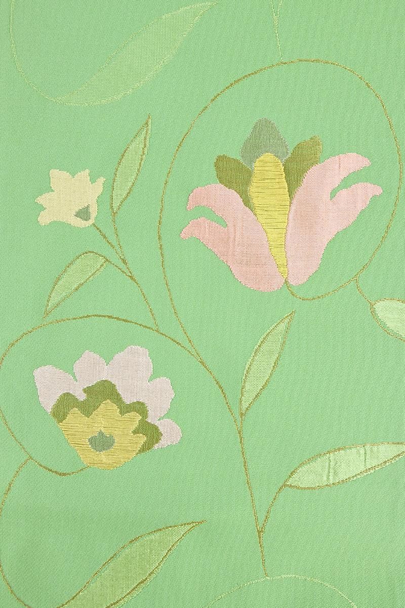 銀座【H-1026】洛風林製 織名古屋帯 鮮緑色 唐花文（落款入） - 銀座