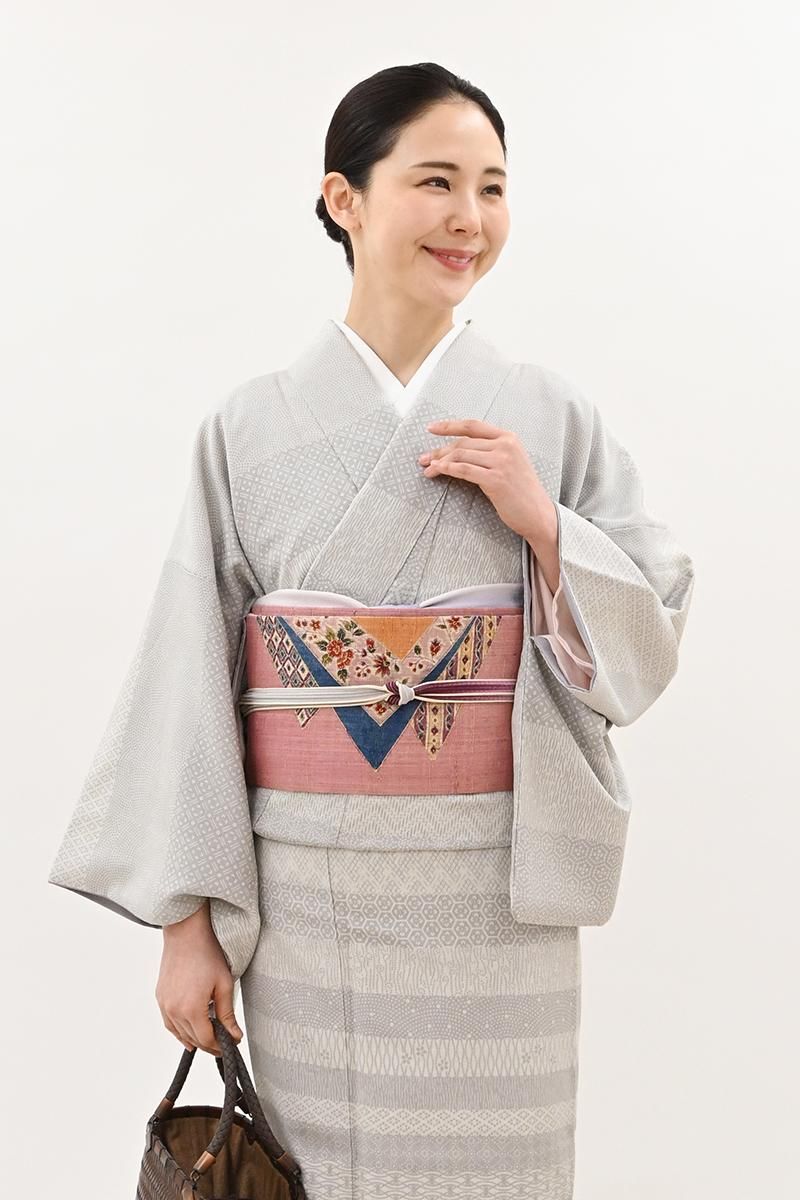 銀座【H-0993】大浦紫山作 紬地 金泥更紗 染名古屋帯 浅蘇芳色 裂取り