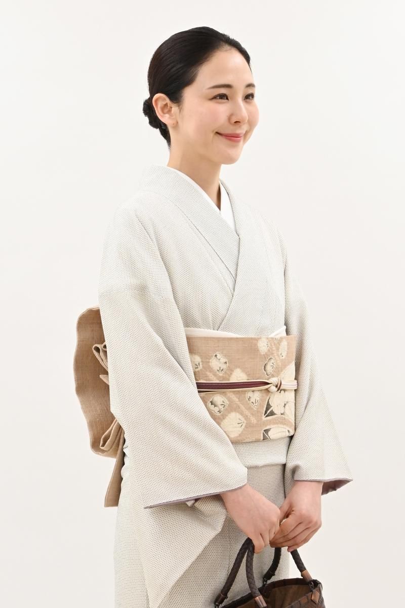 銀座【H-1002】紬地 絞り染め 開き名古屋帯 柴染色 桐の図 - 銀座