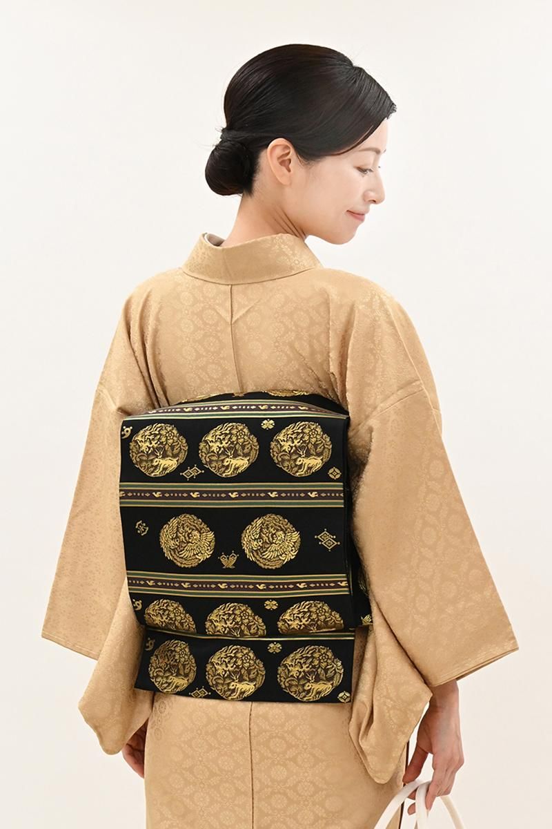 あおき【L-8753】西陣製 伝統工芸士 小笹宏風 袋帯 黒色 横段に鳳凰