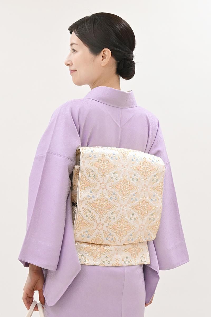 あおき【L-8754】本袋帯 生成色 七宝花王文（落款入） - 銀座きもの