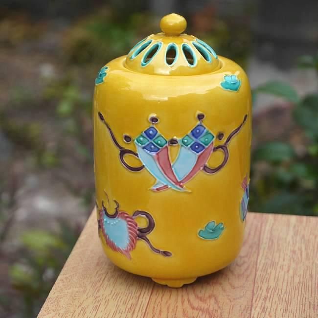 黄交趾宝尽長香炉 洸春 - 京焼清水焼 松韻堂