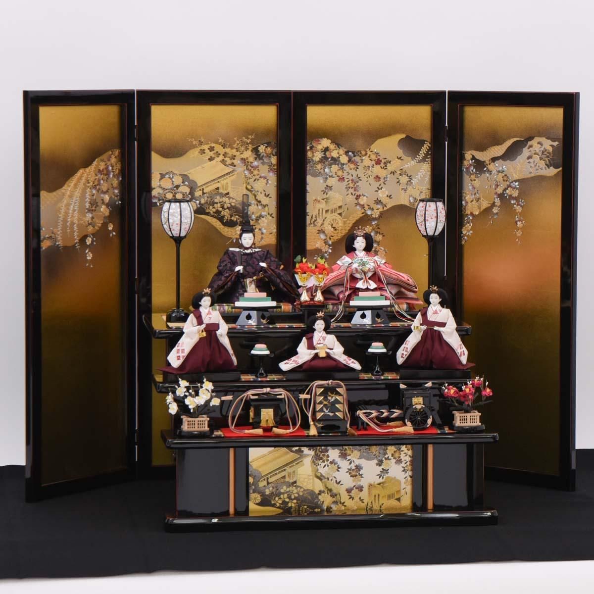 ひな人形 大三五 三段 五人飾り 落とし屏風 小倉草園 - 雛人形・五月