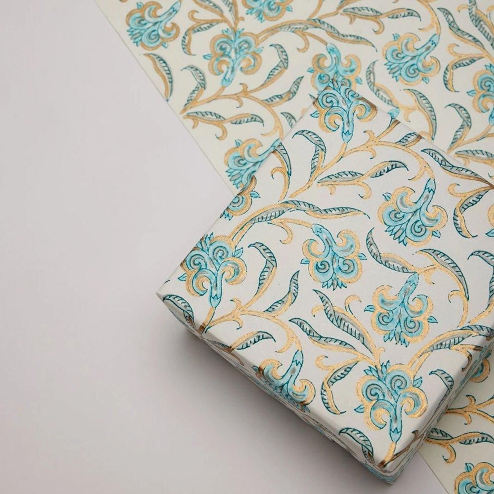 ブロックプリント】インド 金プリント/アイリス柄ペーパー/ターコイズ