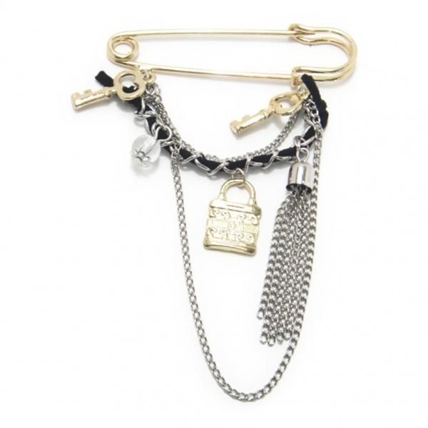 ラペルピン・ブラックリボンと鍵モチーフの安全ピンブローチ(ラペル