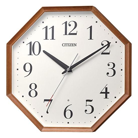 CITIZEN】掛け時計 電波時計 シンプルモダン スタンダード 八角 (茶色