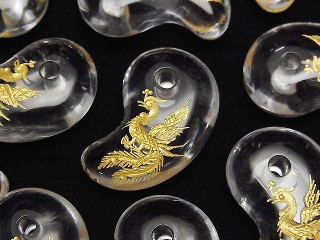 金色！鳳凰の彫刻入り！クリスタル 勾玉30×20mm 1個｜天然石ビーズの卸