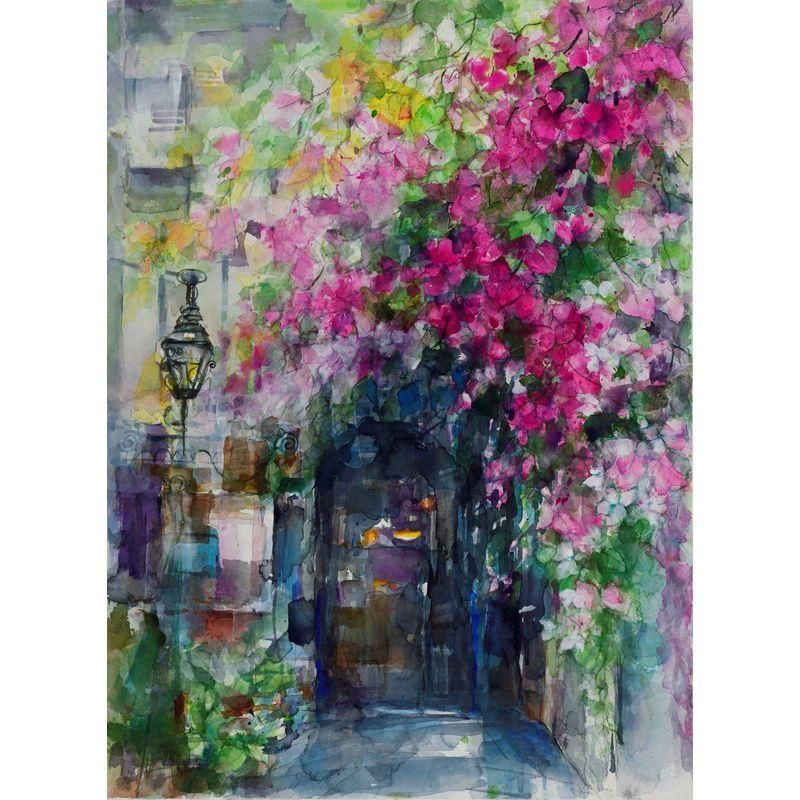 鈴木美絵子 「ブーゲンビリアの咲く街角」 水彩20号大（74×55cm） 額