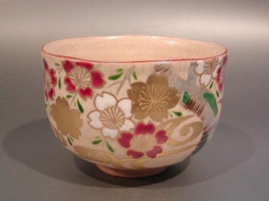 茶道具 抹茶茶碗 乾山写 桜絵、京焼 清和窯 原 清和（賢次）作 桐共箱