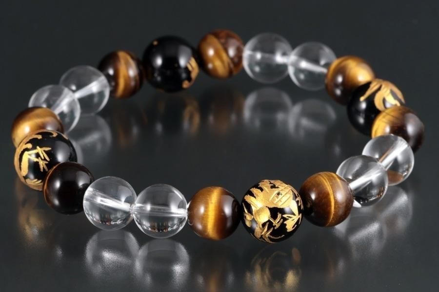 四神彫りオニキス12mm×タイガーアイ×水晶 天然石ブレスレット｜キラリ石