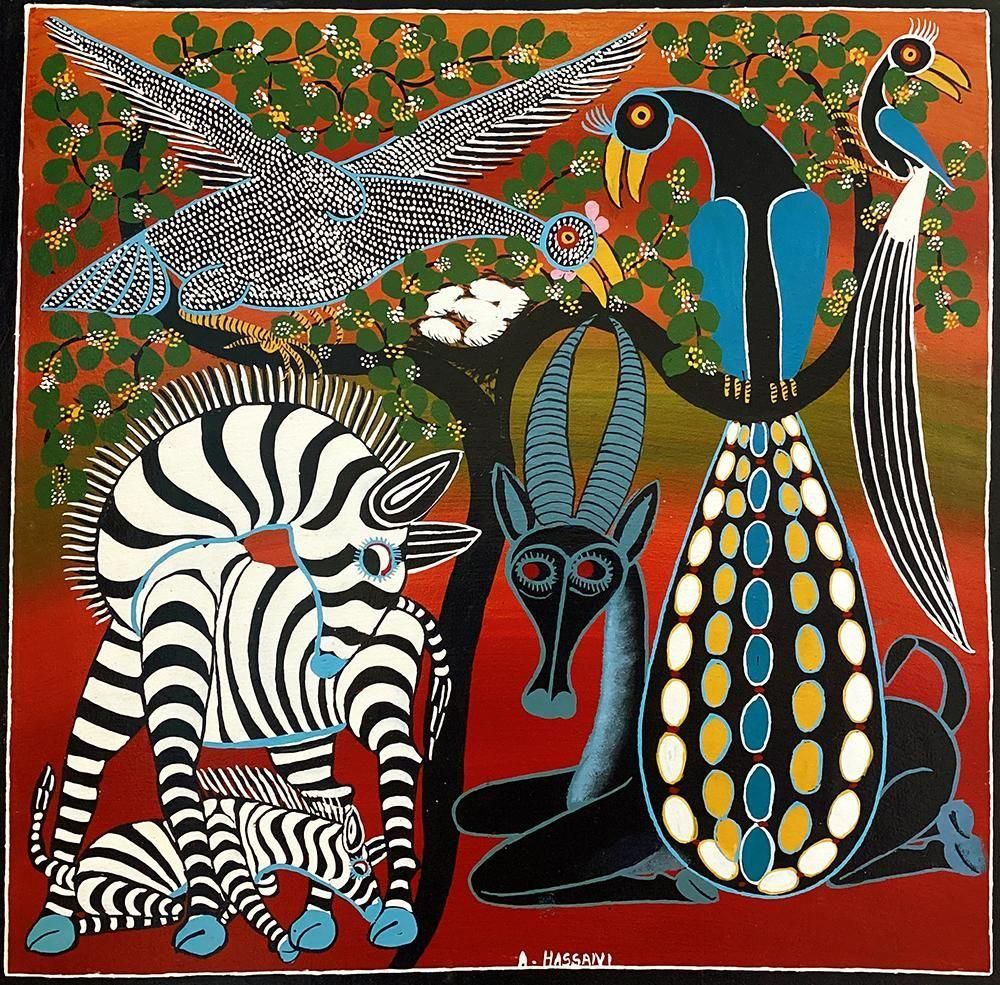 ティンガティンガ・アート 846「シマウマの親子とガゼル、アフリカの鳥