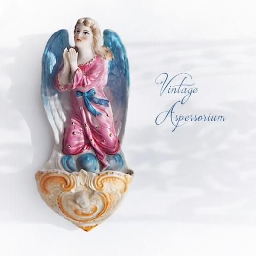 送料無料】フランス 蚤の市より アンティーク 聖水盤 （パステル 天使