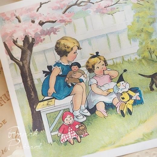 フランス ポストカード 女の子 幼子 訪問 ぬいぐるみ お祝い 犬 桜