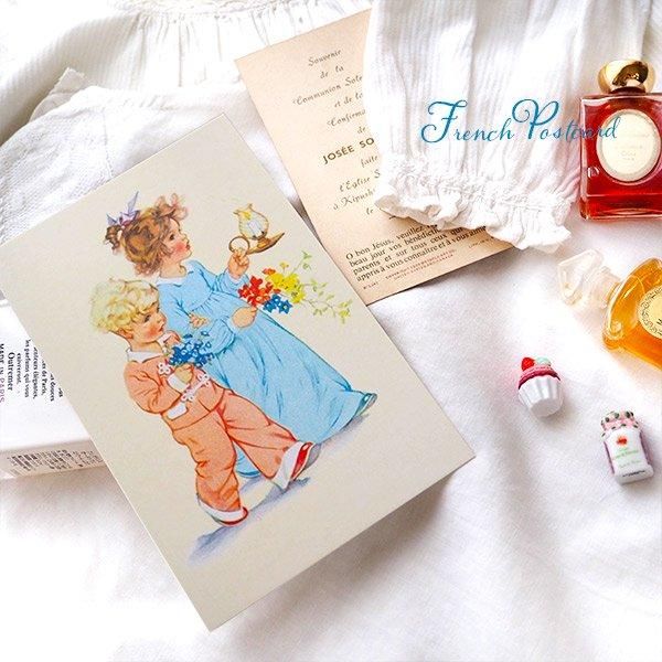 フランス ポストカード キャンドル 女の子 男の子 花束