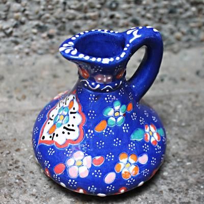 トルコ☆キュタフヤ陶器の飾り壺 ネイビーブルー ナザールフラワー