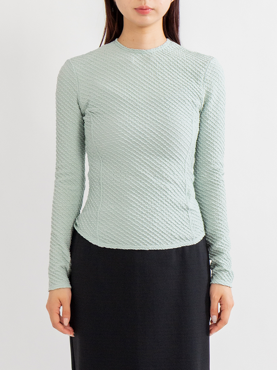 Shirring Jersey Jacquard Long Sleeve Top-シャーリングジャージ