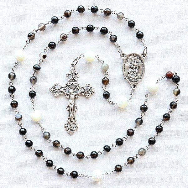 ブラックストライプアゲート 薔薇彫りマザーオブパール 聖家族の