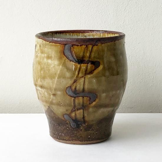 お値下げ 柴田雅章 丹波雅章 花瓶 糠釉紋押耳付壺 民芸 お値下げ 柴田