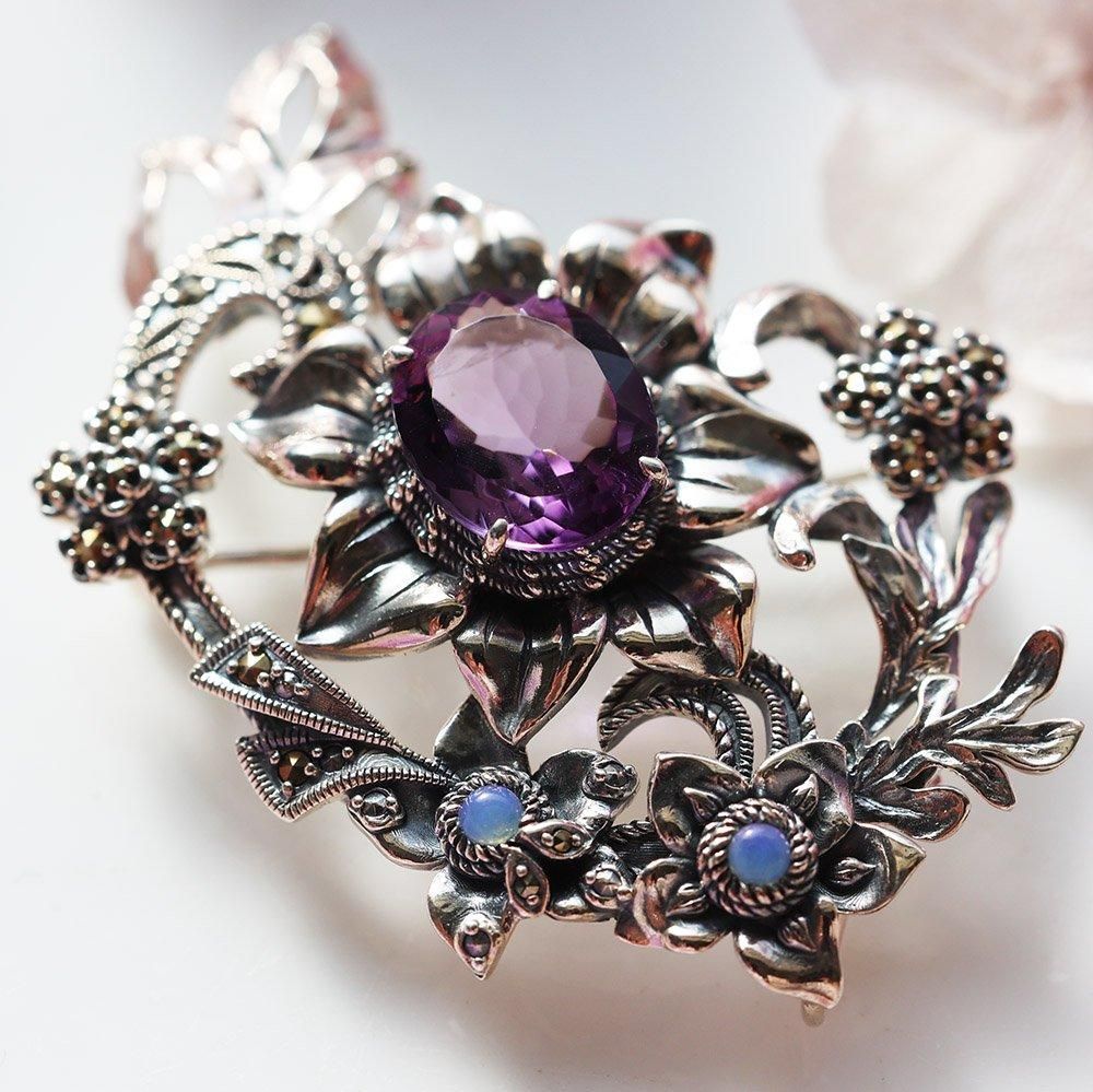 アメジストとオパールの銀製装飾ブローチ - 海福雑貨通販部