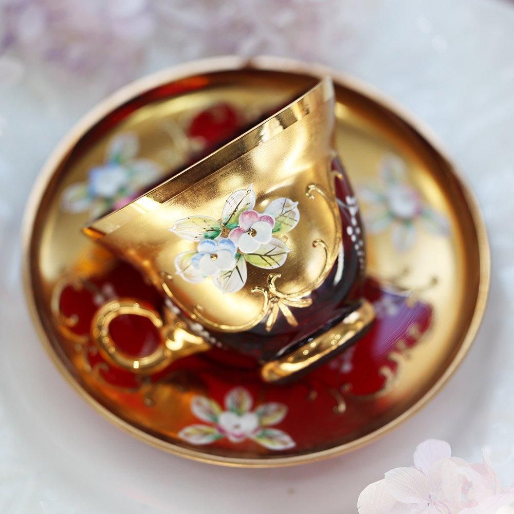 イタリア製金彩赤硝子デミタスカップ＆ソーサー（備考有） - 海福雑貨