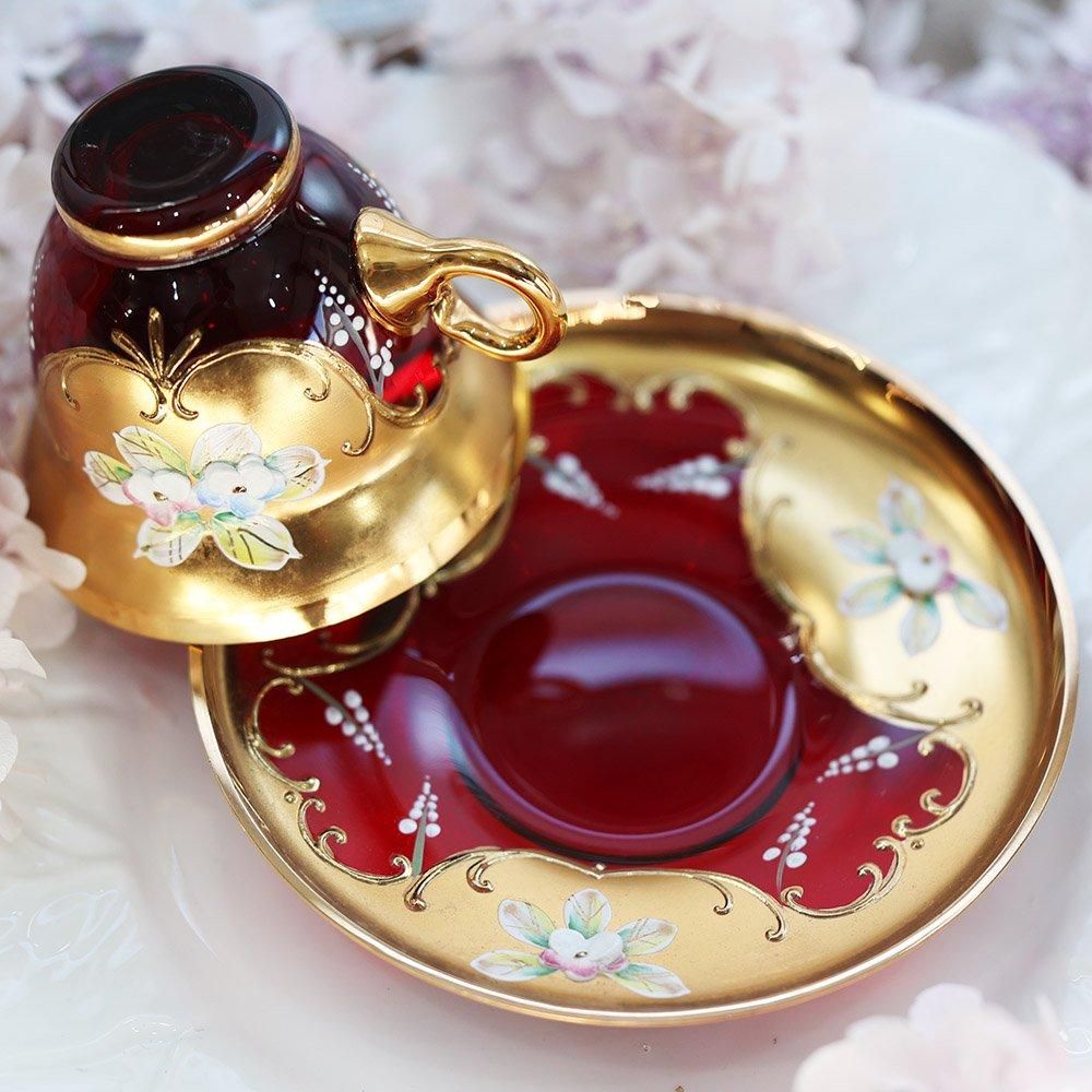 イタリア製金彩赤硝子デミタスカップ＆ソーサー（備考有） - 海福雑貨