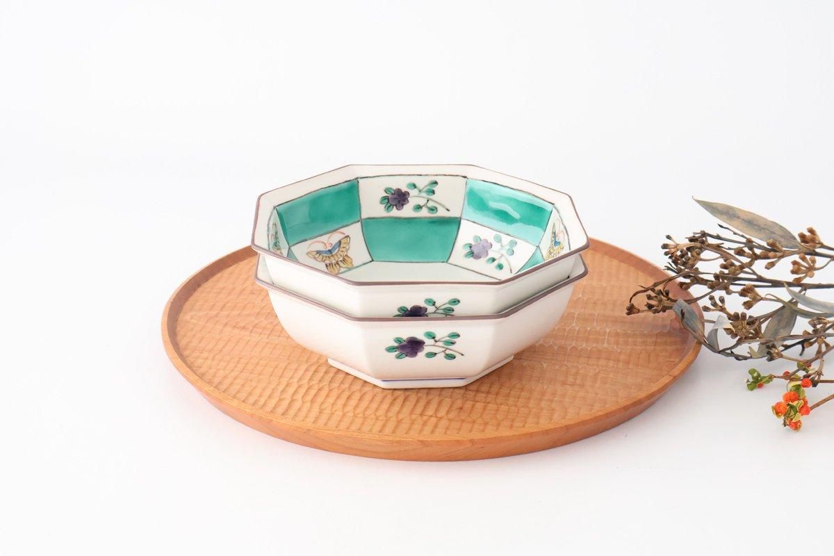 骨董5青い絵柄の八角形陶器鉢 手描き青磁染付八角大鉢（明治・大正時代）