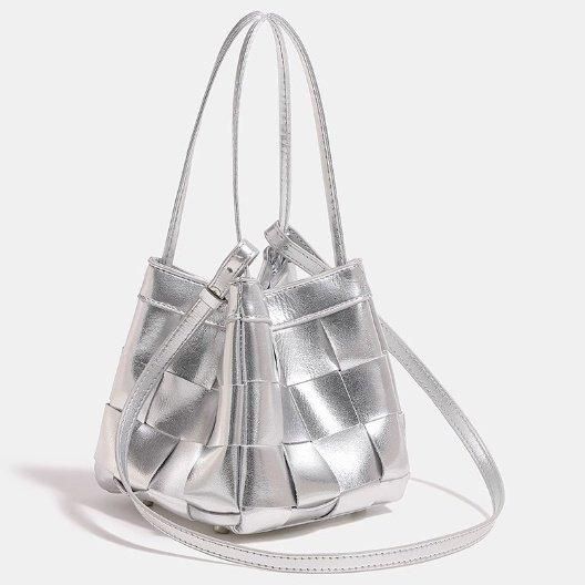 大特価】シルバー 編み込みバッグ バケツバッグ ハンドバッグ