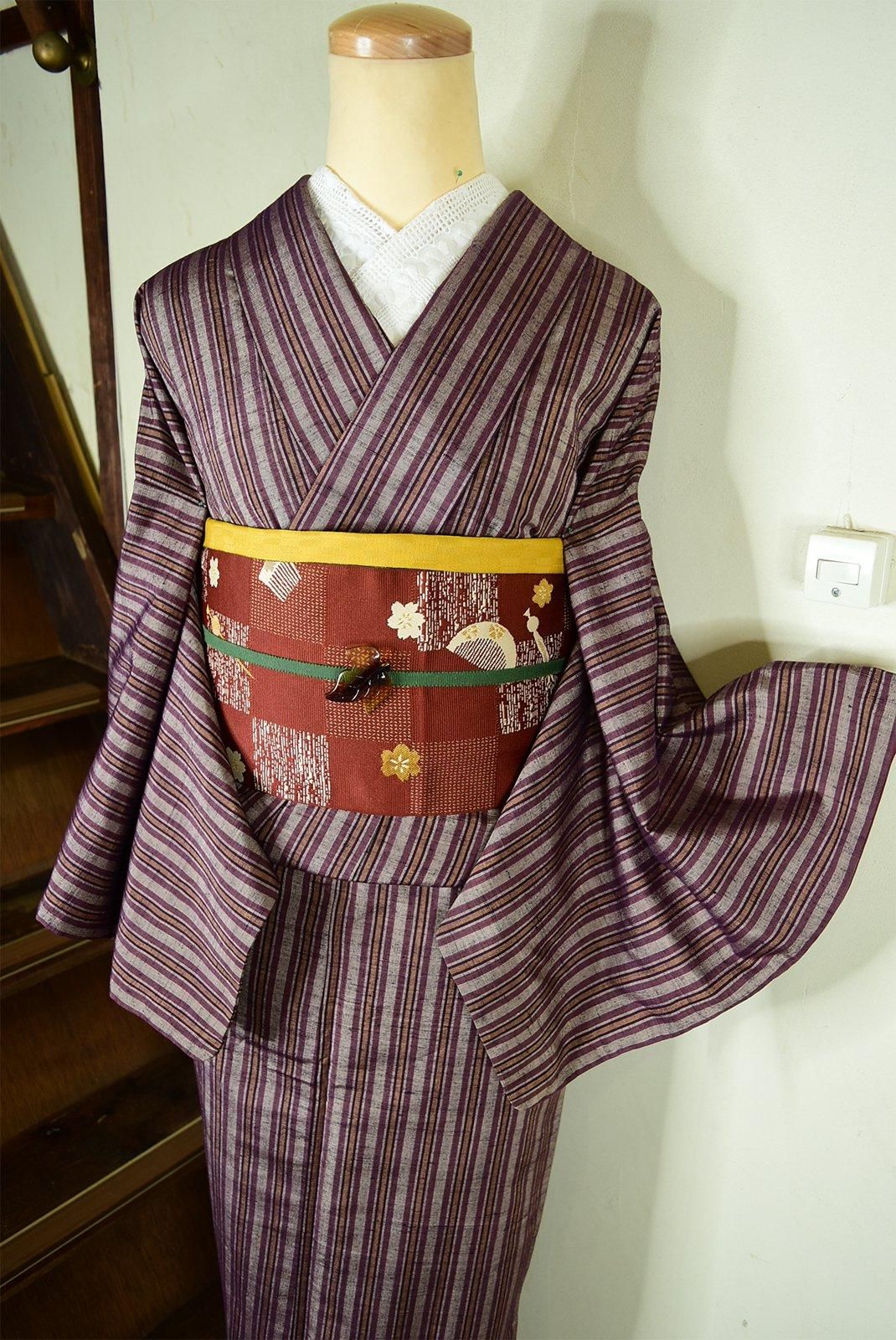 未使用】WAKKA の うきうき小紋 渋い紫 葡萄葉模様 正絹 未使用