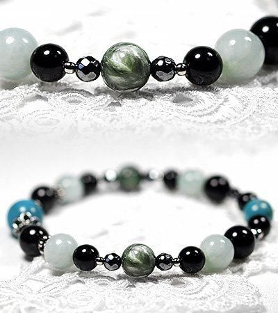 ターコイズと黒翡翠、翡翠、黒水晶の魔よけデザインブレスレットVenus