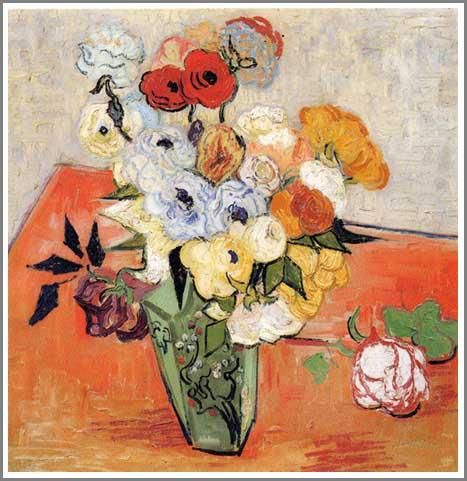 ゴッホ【日本の花瓶に生けた薔薇とアネモネ】 - 手描き 絵画（油絵複製