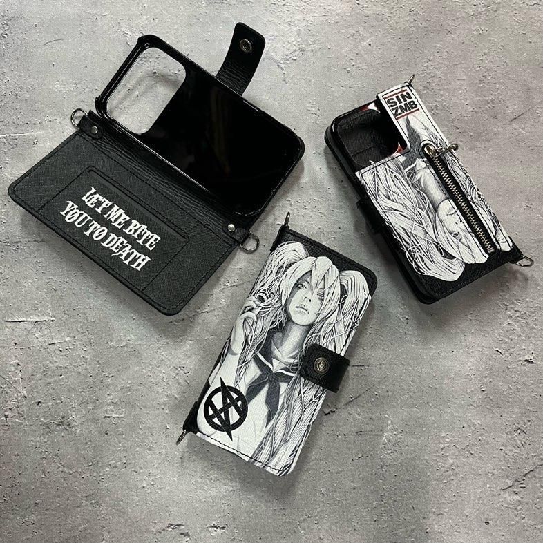 HISASHIxMP Leather iPhone Wallet Case / SIN ZMB Monochrome Print