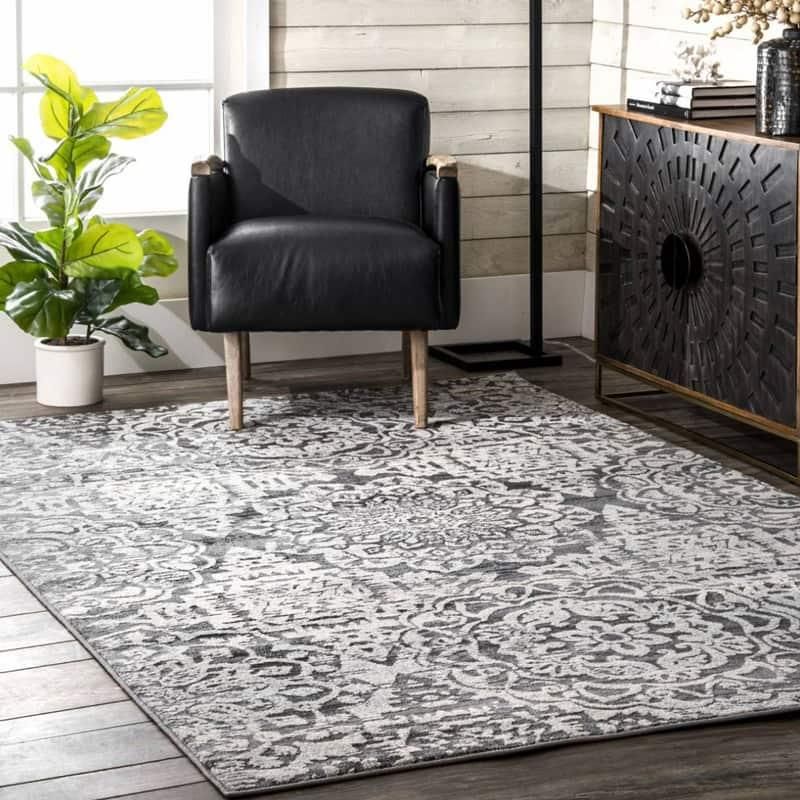 ベージュとグレーのノスタルジックなフラワーラグ No.718 ベージュと