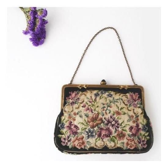 B1063 1930年代オーストリア製フローラルプチポワン刺繍ハンドバッグ