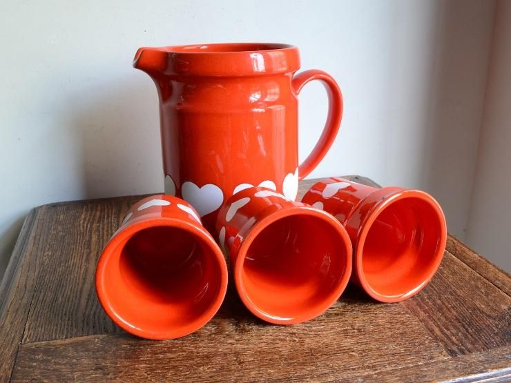 ヴィンテージ ハート柄陶器ジャグ＆カップset｜アンティーク雑貨