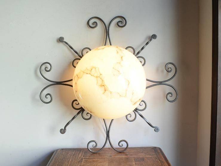 アンティーク マーブルガラス アイアンランプ（天井照明）※直付専用