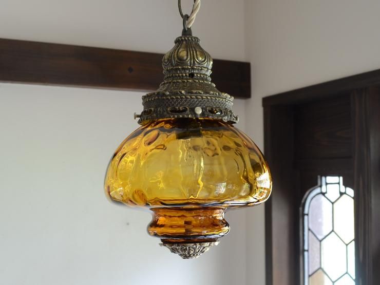 ヴィンテージ アンバーガラス ペンダントランプ C｜アンティーク照明