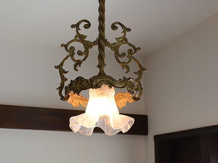 1900年代 アール・ヌーヴォー 真鍮ペンダントランプ（B22電球専用