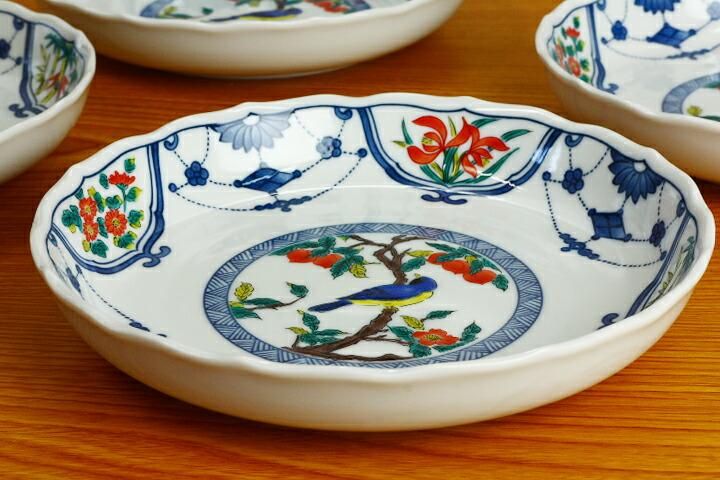 6号皿揃 染付瓔珞紋花鳥/青郊窯