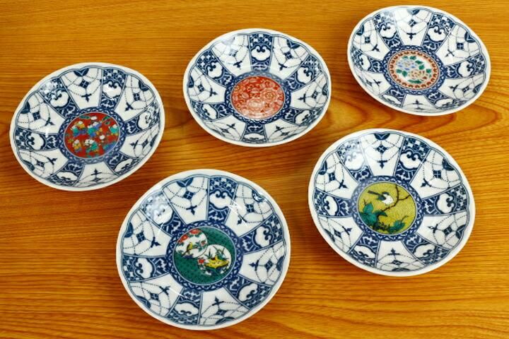 4号皿揃 染付瓔珞紋時代画風/青郊窯