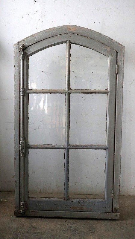 アンティーク フレンチシングルアーチガラス窓 クレモン錠 木枠付