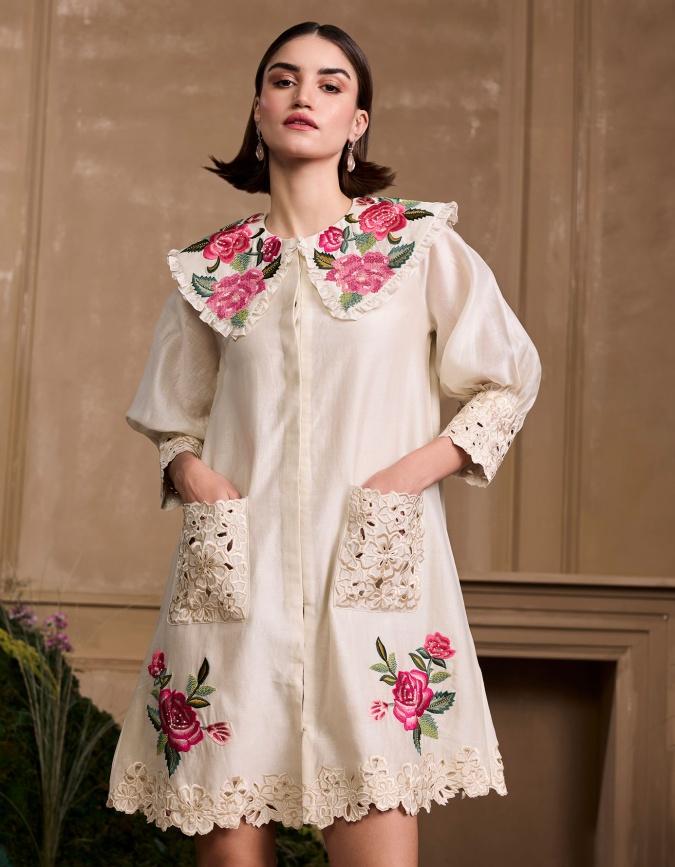Buy Ivory Rose Collared Short Dress by Designer CHANDRIMA Online