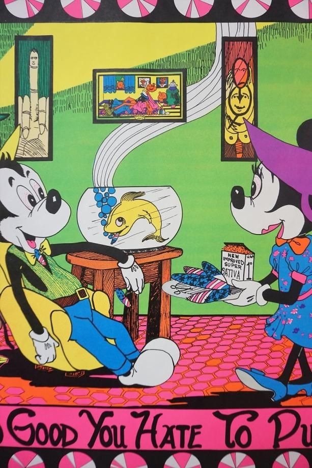1960's DISNEY ミッキー パロディ ブラックライト 額入りポスター①