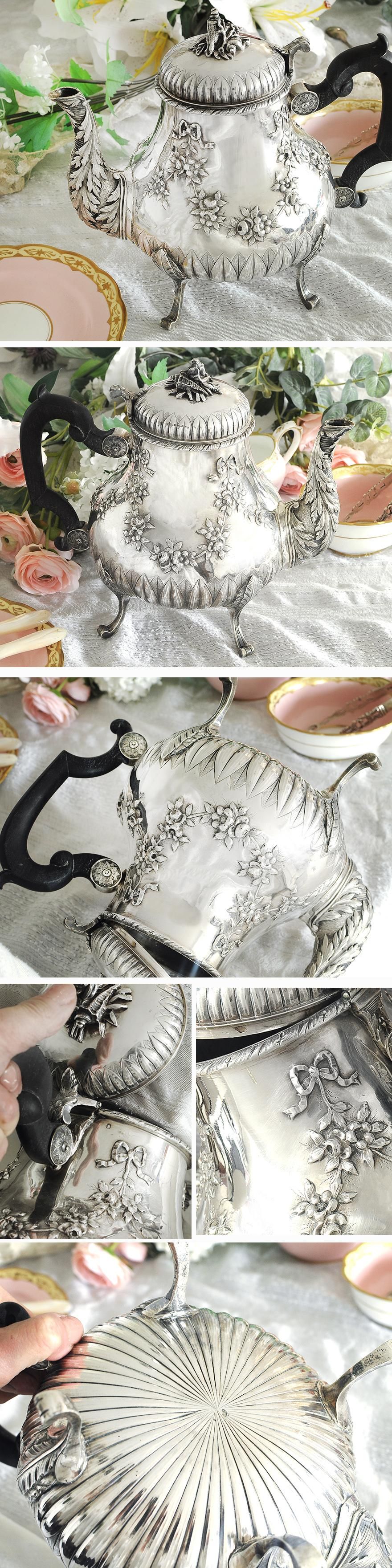 フランスアンティーク【純銀950】リボン装飾のティーポット 951g