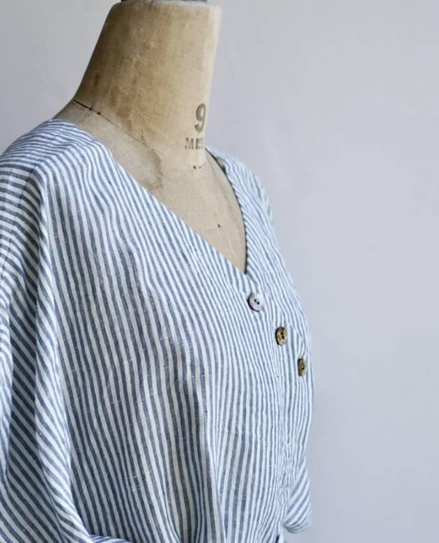NON-SLEEVE / blue stripe linen｜割烹着kapoc（カポック）公式