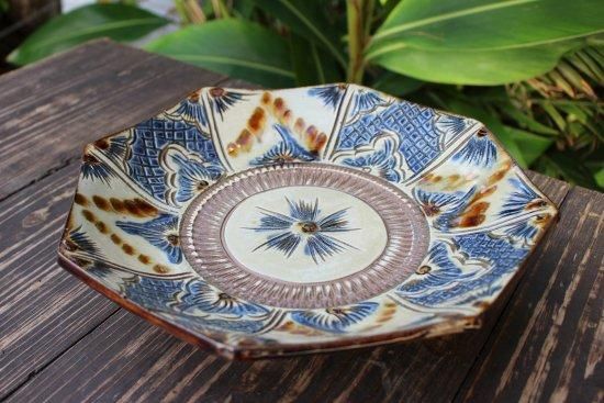 花柄装飾 八角形陶器バスケット