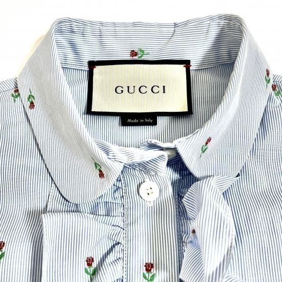 GUCCI】グッチ ブラウス 花モチーフ ブルー フリル 綿 36 COTTON 100